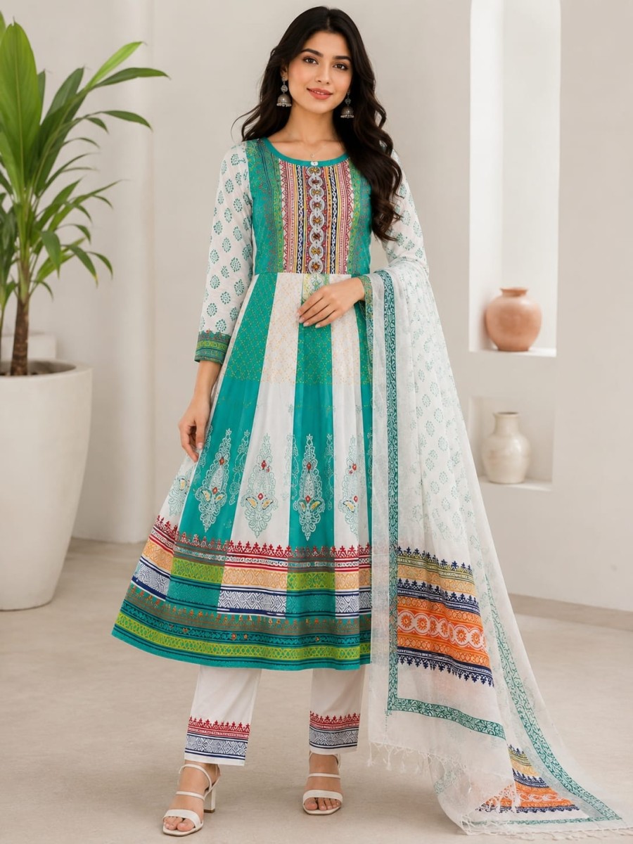 Block Printed & Embroidered Anarkali Three-Piece Suit