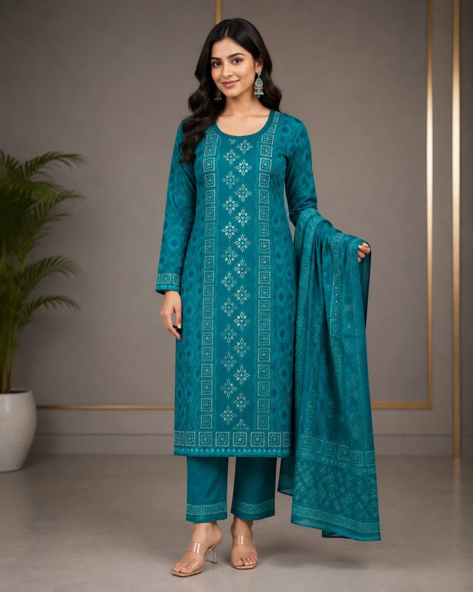 Block Printed & Embroidered Pure Cotton Ensemble