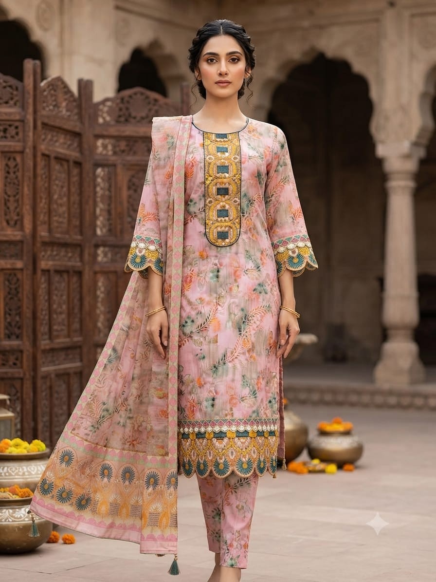 Blush Elegance: Sublimation Printed & Embroidered 3-Piece Suit