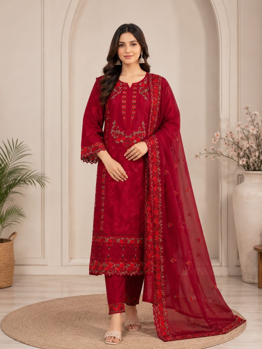 Deep Crimson Floral Embroidered Three-Piece Suit