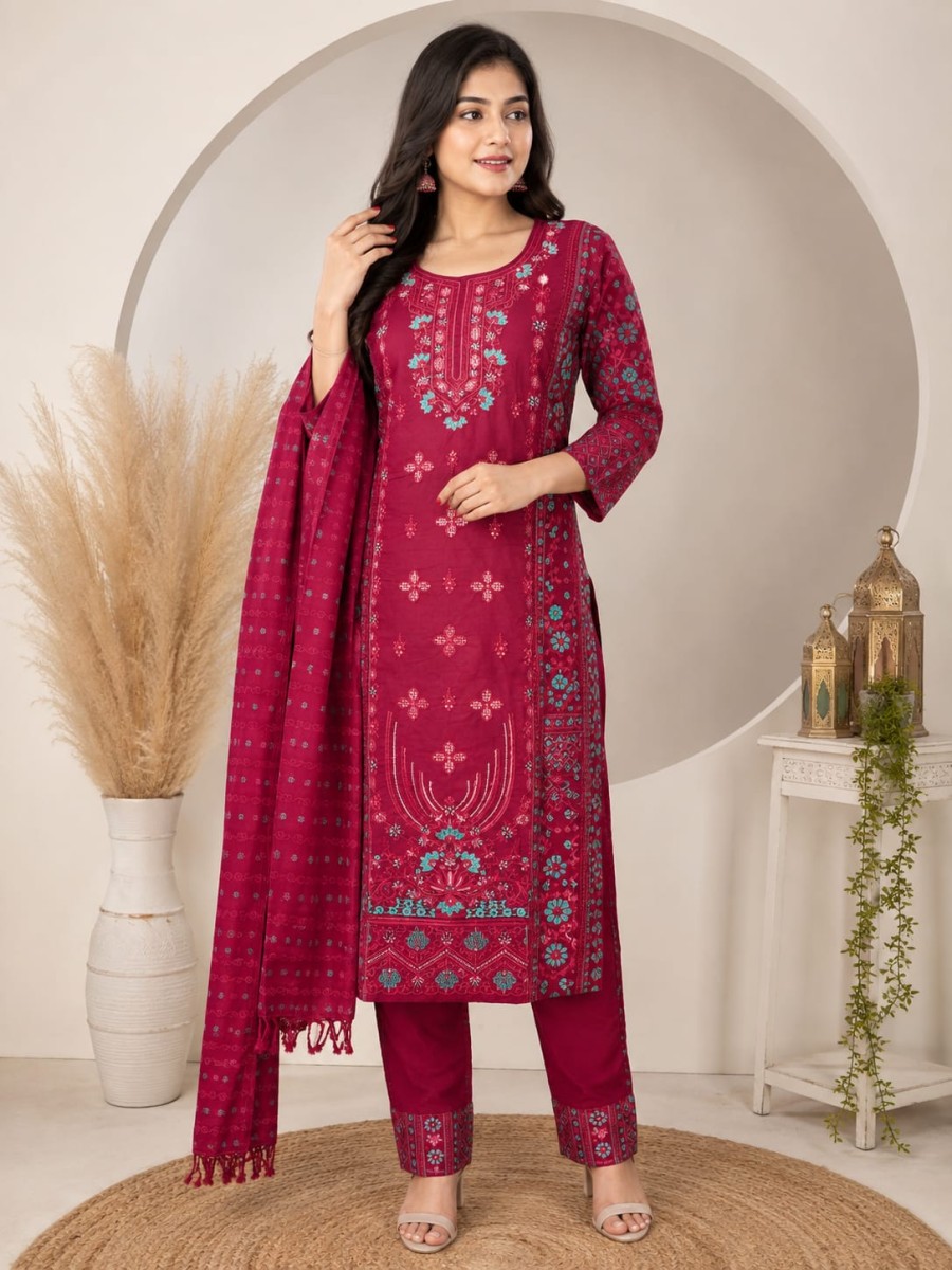 Deep Magenta 100% Cotton Embroidered 3-Piece Suit