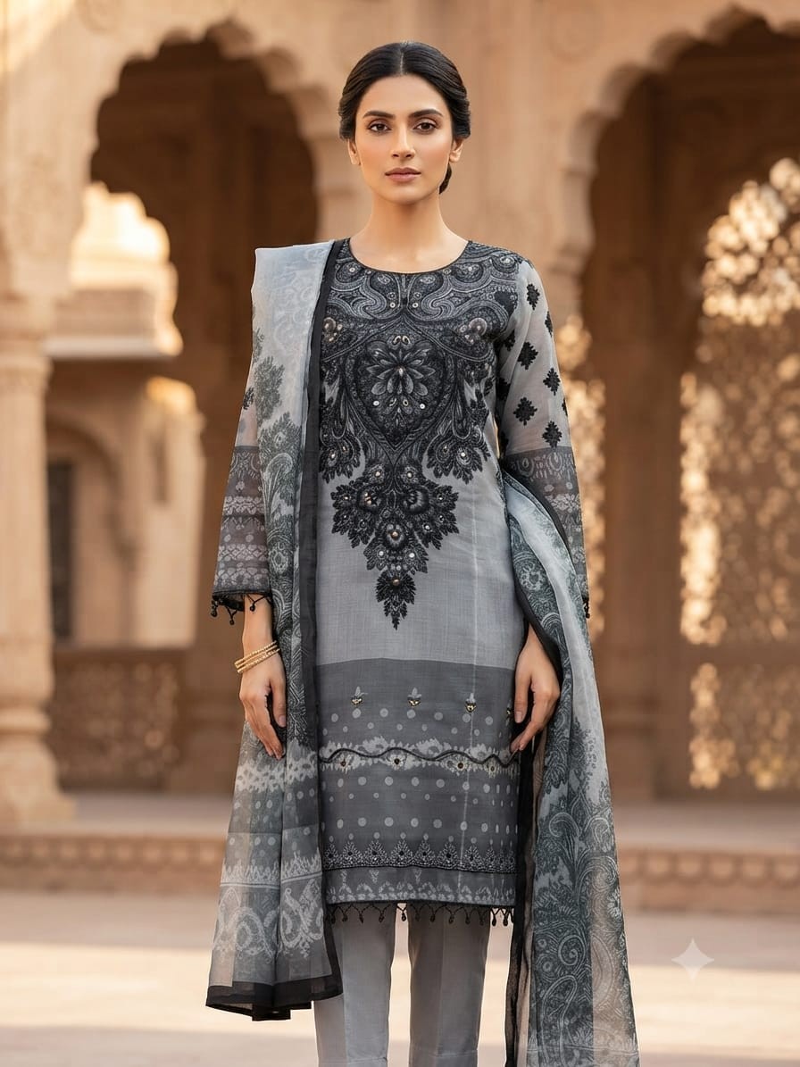 **Grey & Black Monochromatic Embroidered Lawn Suit**