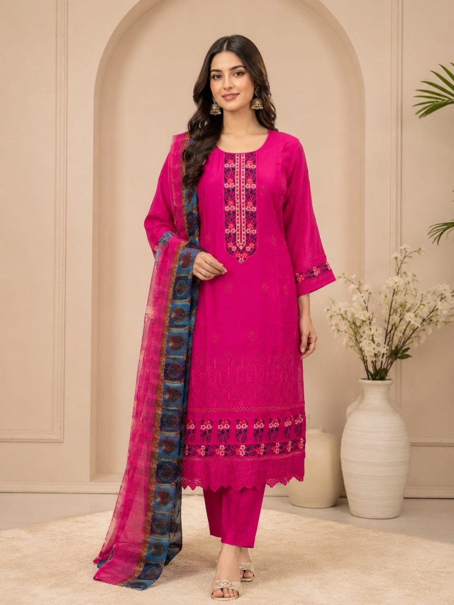Magenta Pink 100% Cotton Embroidered Three-Piece Suit