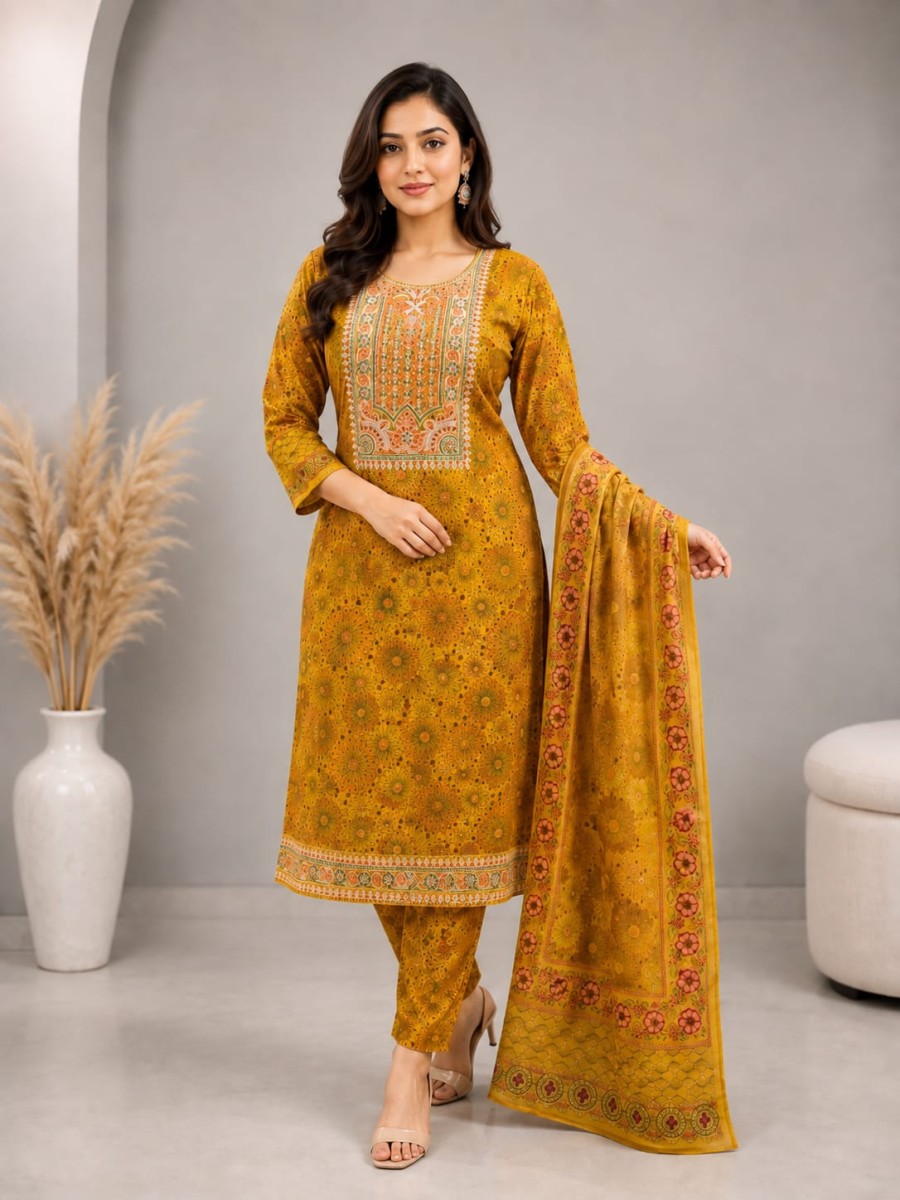 Mustard Sublimation Printed & Embroidered Three-Piece Suit