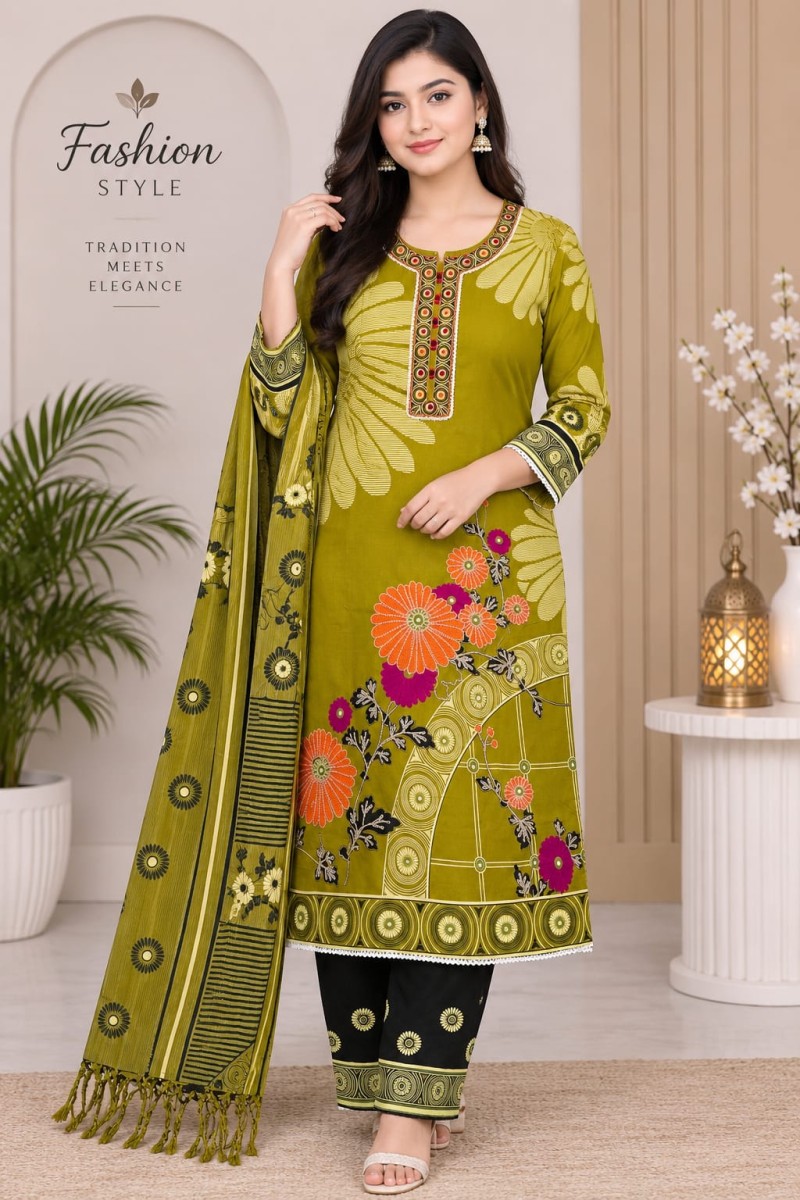 Olive Blossom: Block Printed & Embroidered 3-Piece Festive Set