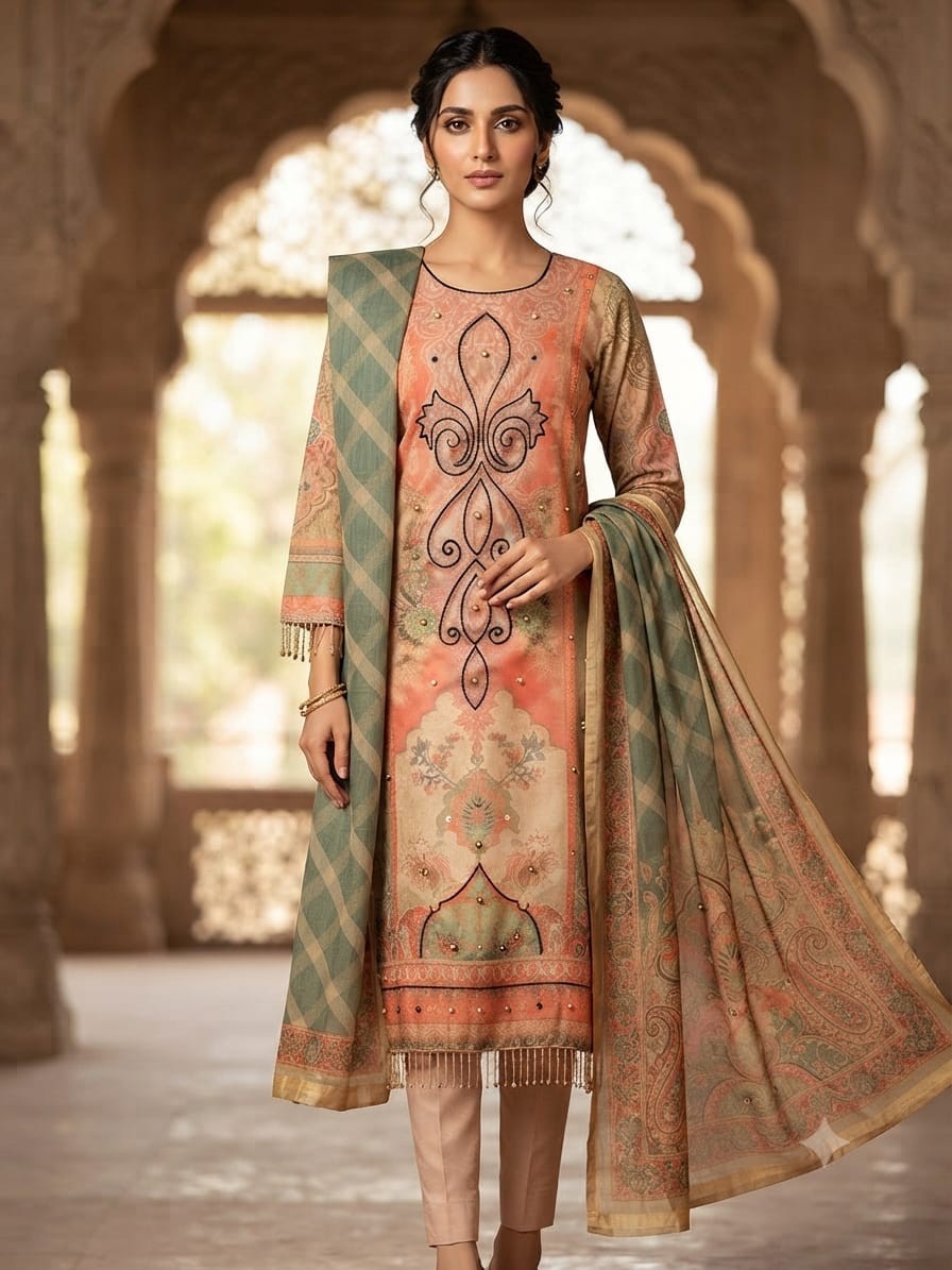 Peach & Sage Sublimation Printed 3-Piece Suit with Neckline Embroidery
