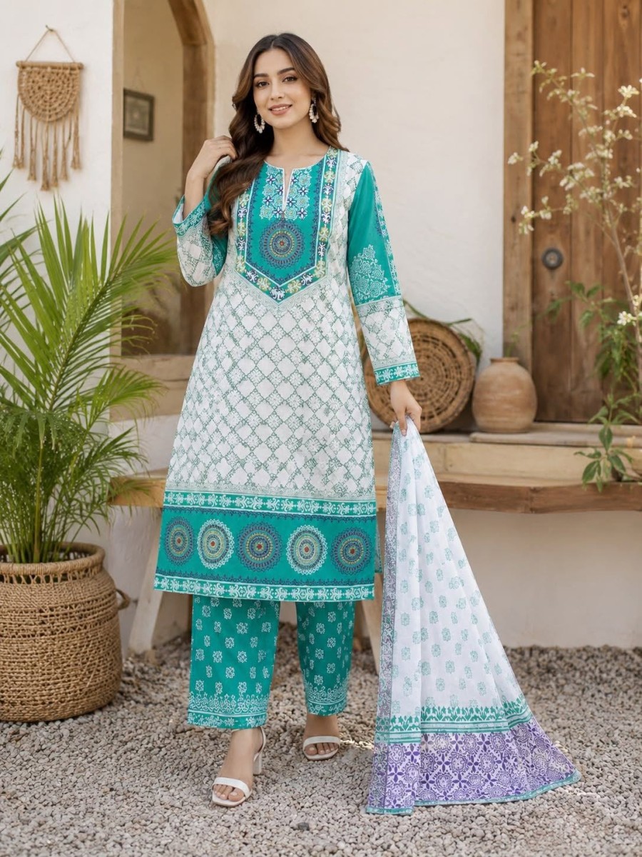Pure Cotton Elegance: Intricately Embroidered Teal Ethnic Set