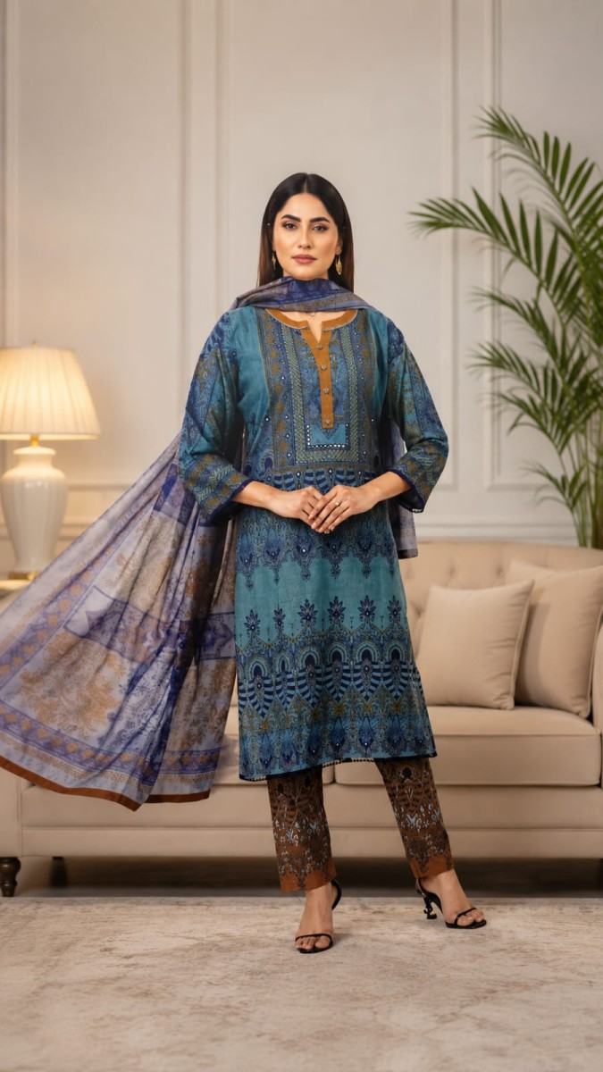 Royal Ocean: Sublimation Printed & Embroidered 3-Piece Ethnic Suit