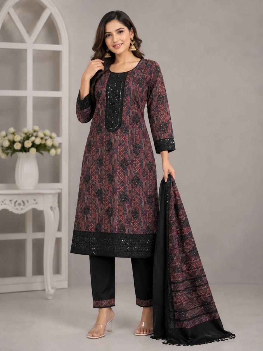 Sublimation Printed & Sequined Embroidered Suit Set