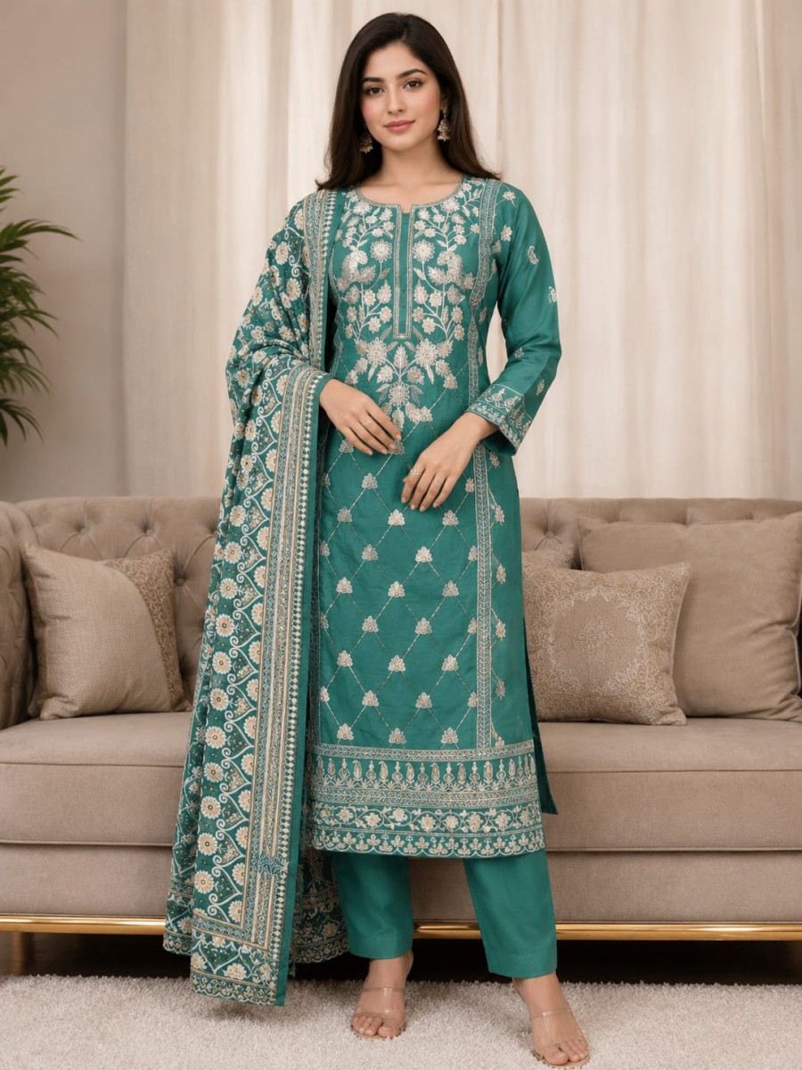 Teal Green Floral Embroidered Three-Piece Stitched Lawn Suit