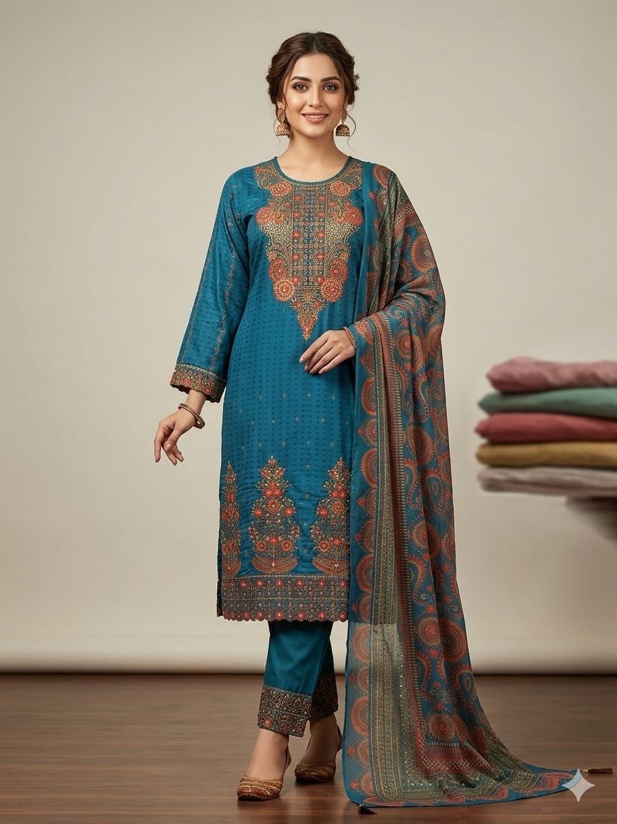 Teal Opulence: Sublimation Printed & Heavily Embroidered 3-Piece Suit