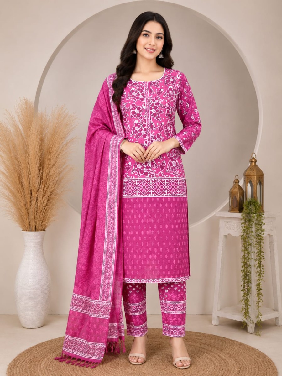 Vibrant Magenta 100% Cotton Floral Embroidered 3-Piece Suit